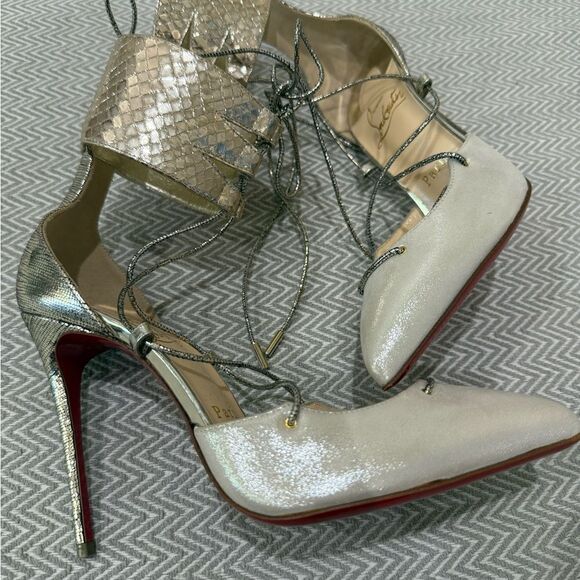 Christian Louboutin Cord Ankle  100mm Gold Lace-Up Heels Size 7.5 - Picture 8 of 15